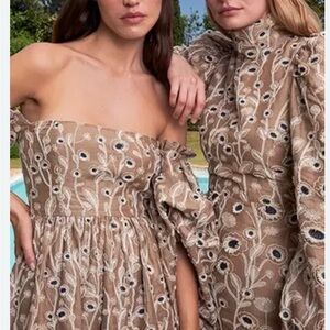 Agua Bendita Taupe Strapless Embroidered Floral Dress with Navy Accents